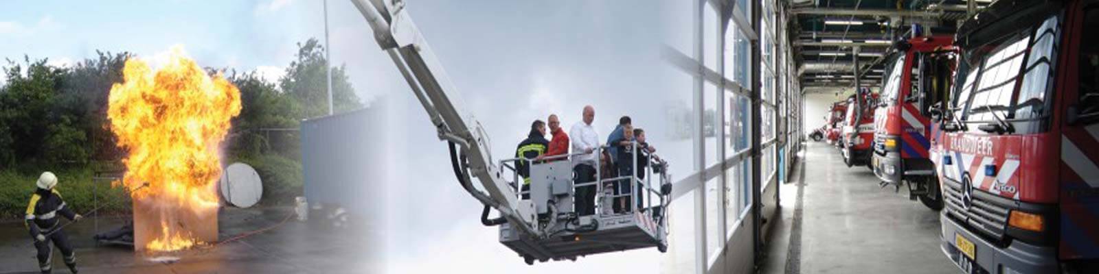 Firefighters fighting fire on the ground, rescuing people from a bucket lift, and vehicles in garage displayed.